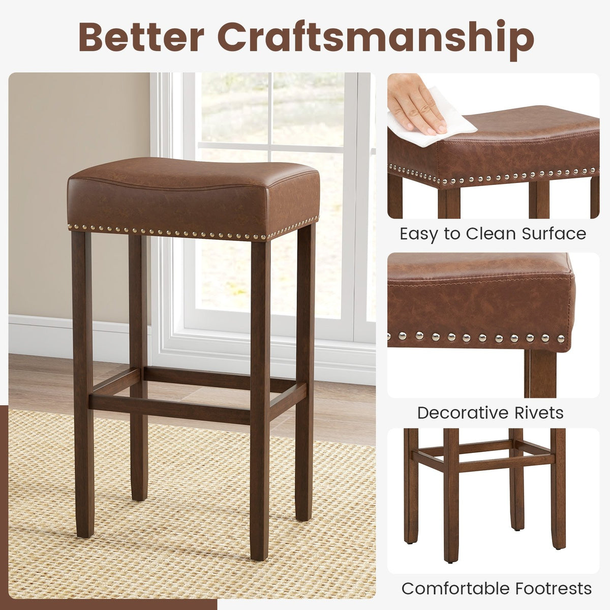 Upholstered Bar Stools Set of 2 with Footrests for Counter-Brown view 9