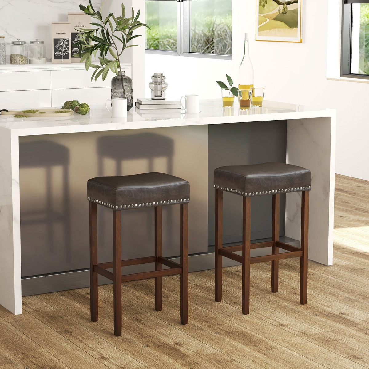 Upholstered Bar Stools Set of 2 with Footrests for Counter-Gray view 3