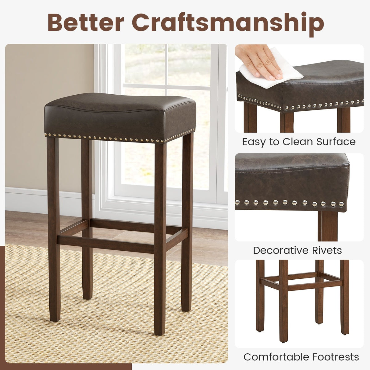 Upholstered Bar Stools Set of 2 with Footrests for Counter-Gray view 9