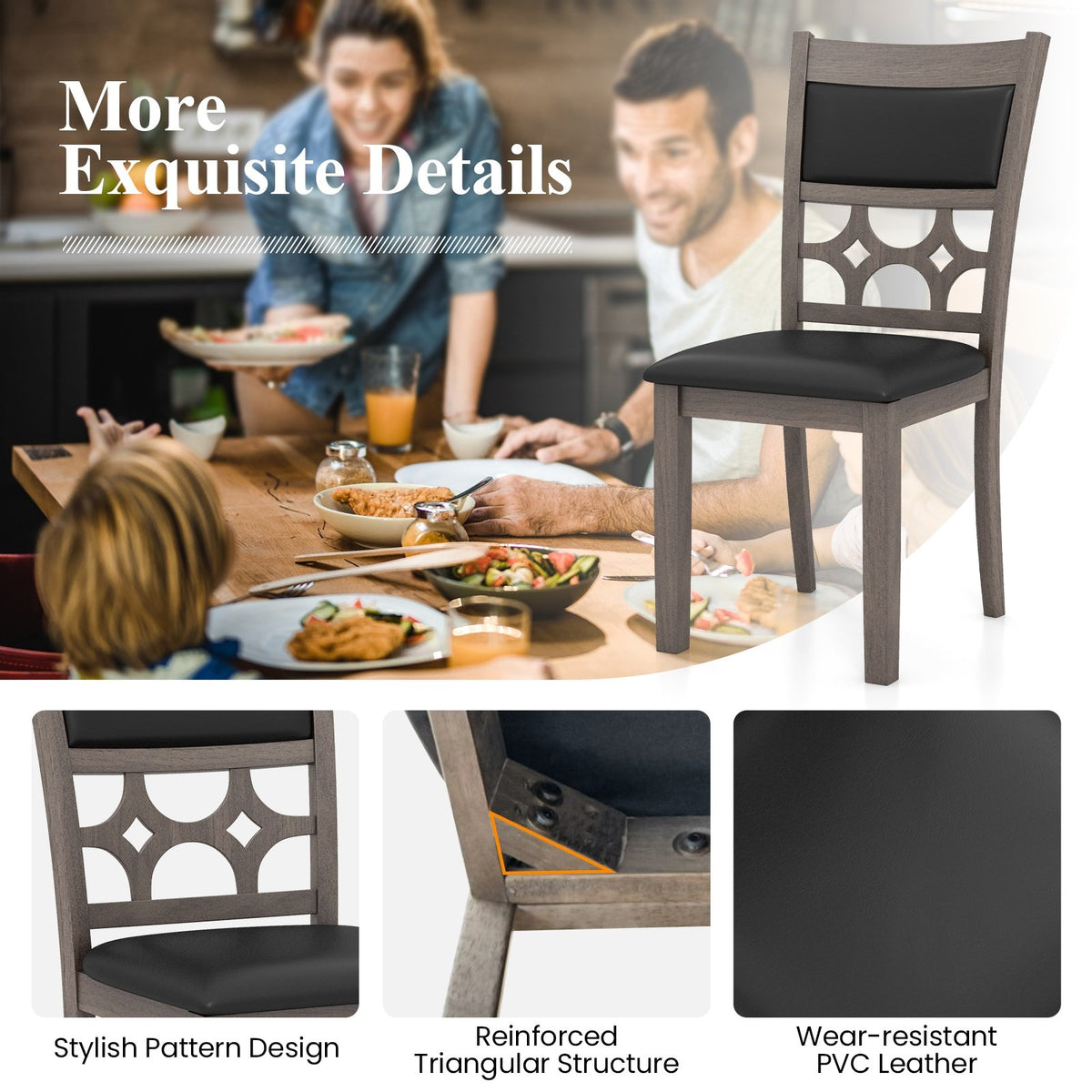 Upholstered Dining Chair Set of 2 with Padded Backrest and Seat-Gray view 8
