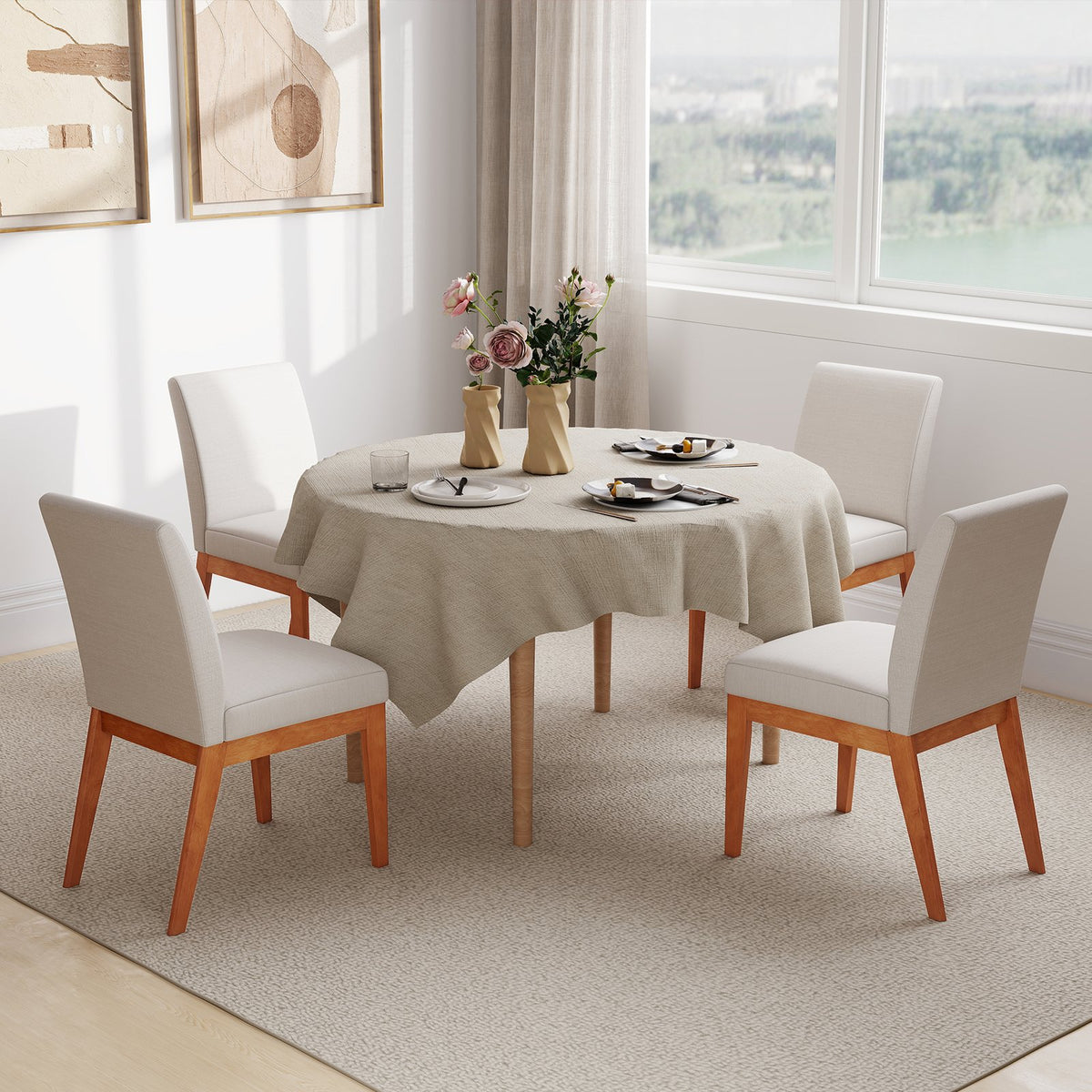 Upholstered Dining Chairs Set of 2 Kitchen Armless Side Chairs with Rubber Wood Legs-Beige view 5