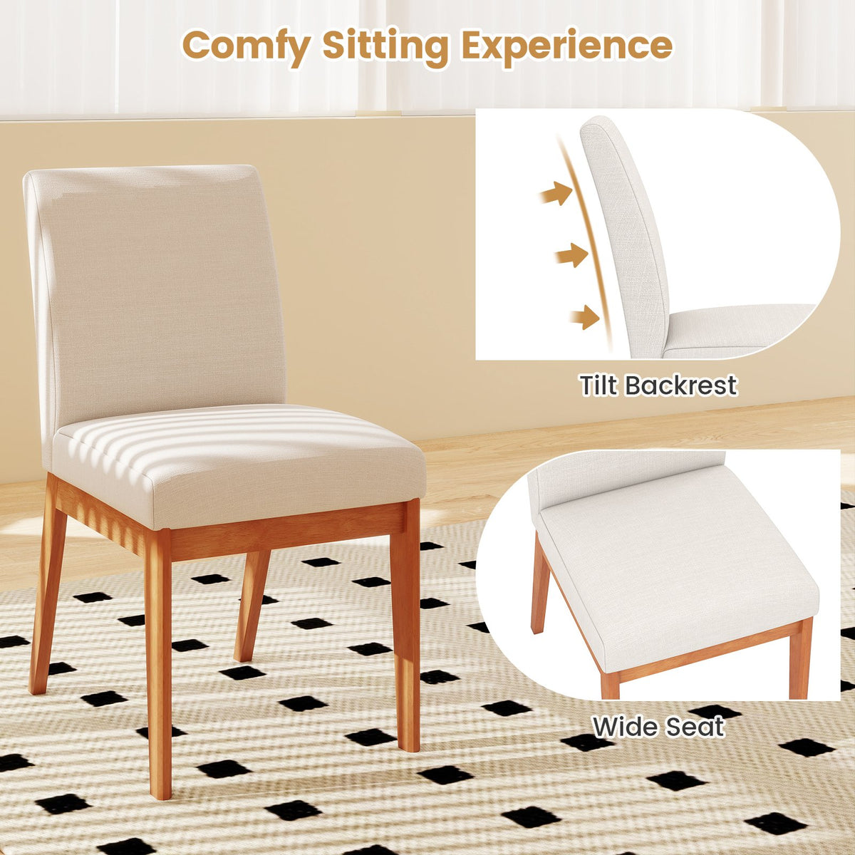 Upholstered Dining Chairs Set of 2 Kitchen Armless Side Chairs with Rubber Wood Legs-Beige view 8