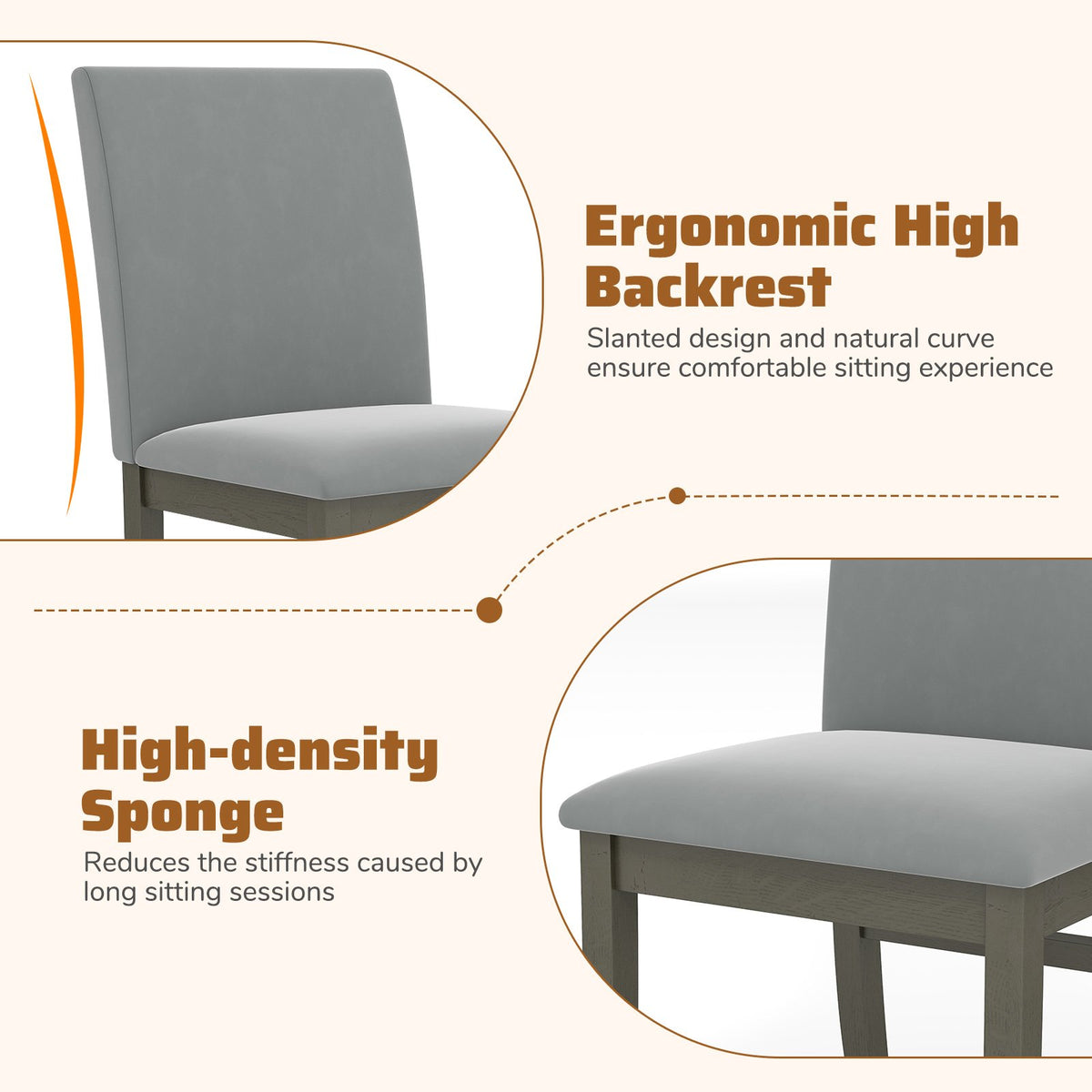 Upholstered Dining Chairs Set of 2 with Rubber Wood Legs and High Back-Gray view 7