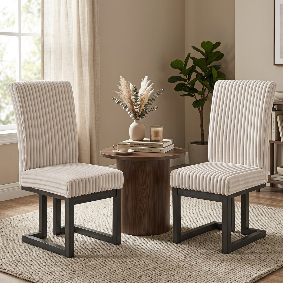 Upholstered Dining Chairs Set of 2 with Rubber Wood Legs and Padded Seat for Dining Room-Beige view 2