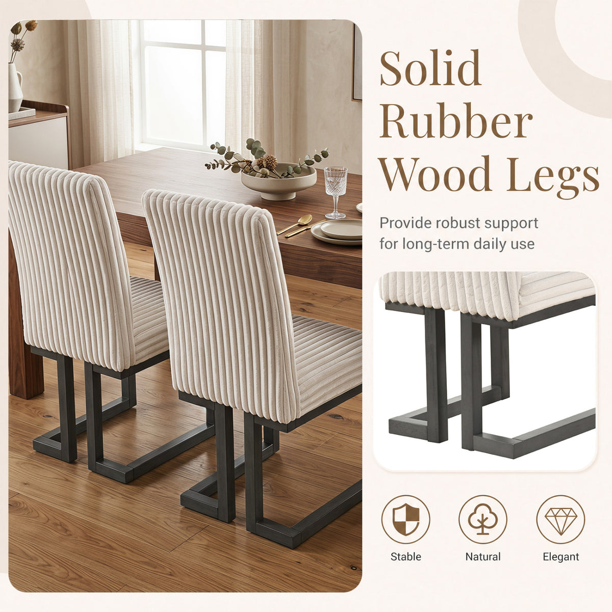 Upholstered Dining Chairs Set of 2 with Rubber Wood Legs and Padded Seat for Dining Room-Beige view 6
