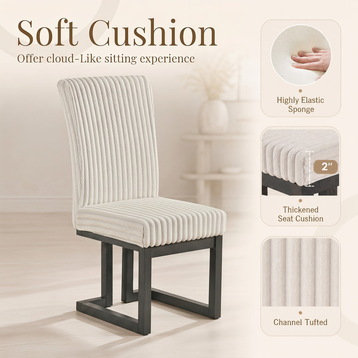 Upholstered Dining Chairs Set of 2 with Rubber Wood Legs and Padded Seat for Dining Room-Beige view 7