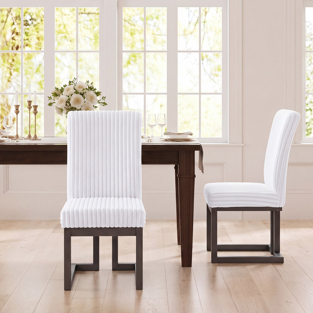 Upholstered Dining Chairs Set of 2 with Rubber Wood Legs and Padded Seat for Dining Room-White view 3