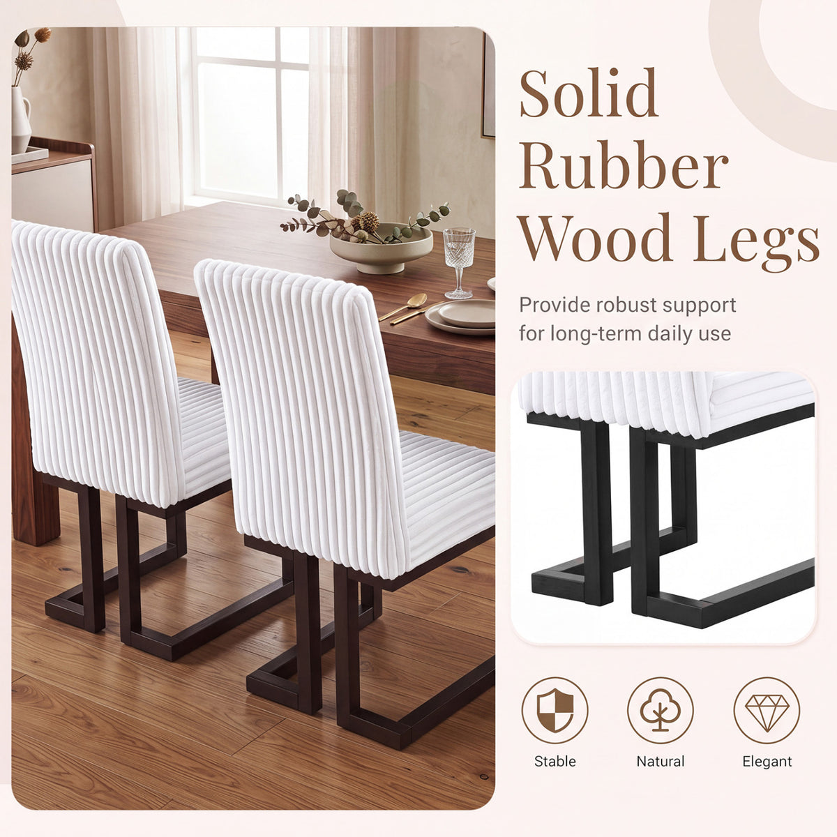 Upholstered Dining Chairs Set of 2 with Rubber Wood Legs and Padded Seat for Dining Room-White view 5