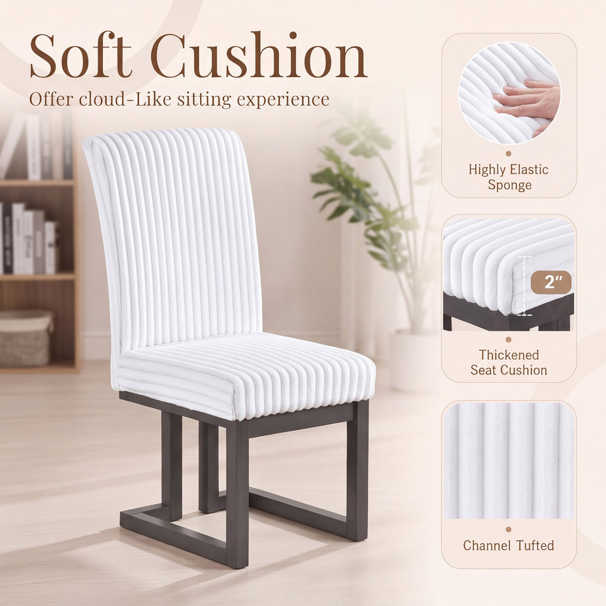 Upholstered Dining Chairs Set of 2 with Rubber Wood Legs and Padded Seat for Dining Room-White view 6