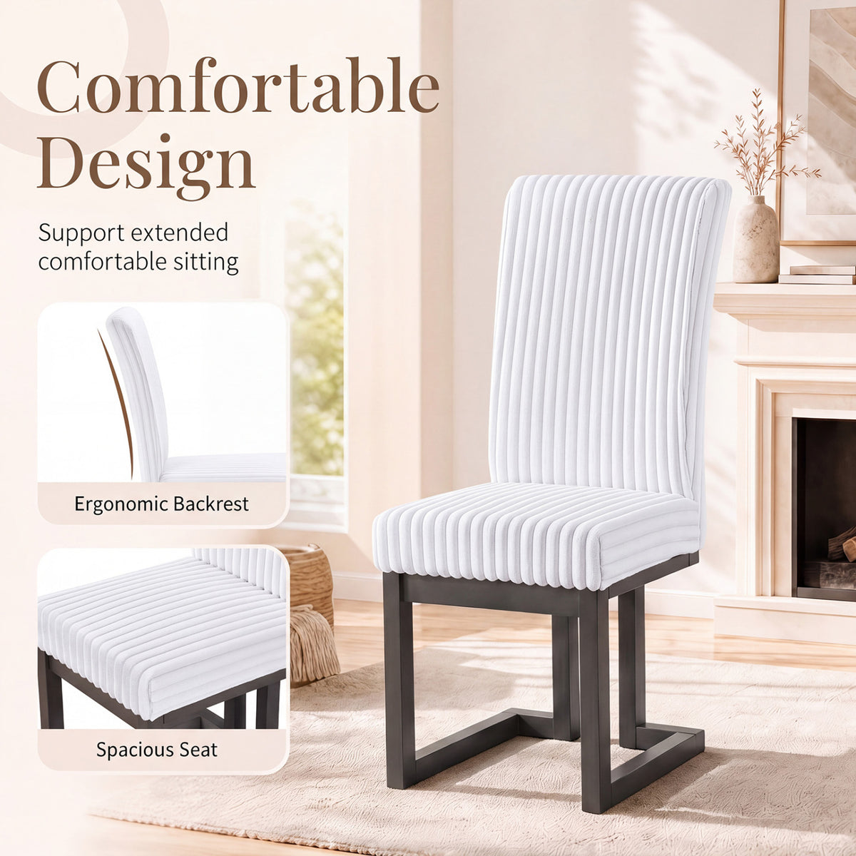 Upholstered Dining Chairs Set of 2 with Rubber Wood Legs and Padded Seat for Dining Room-White view 7