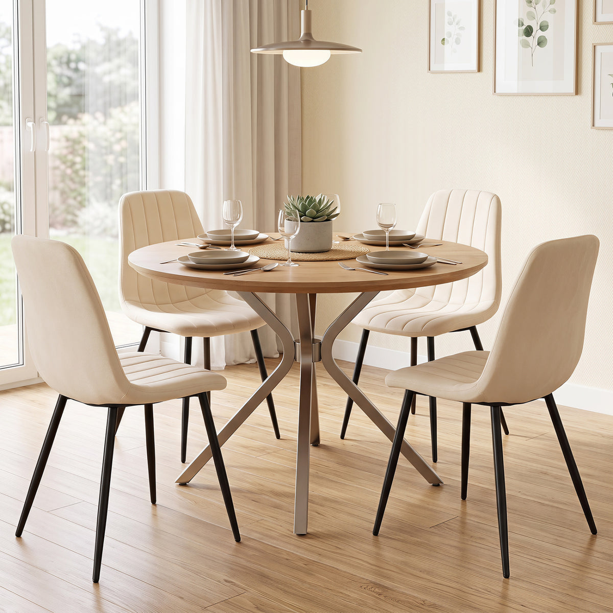 Upholstered Fabric Dining Chairs Set of 4 with Sturdy Metal Legs and Curved Backrest-Beige view 3