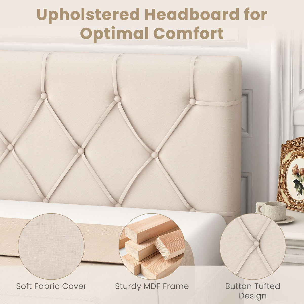 Upholstered Headboard for Twin Size Bed with Fabric Upholstery-Beige view 9
