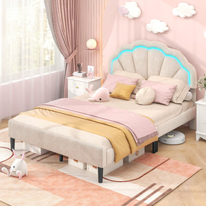 Upholstered LED Bed Frame with Adjustable Flower Headboard and Metal Support Feet-Full Size view 2