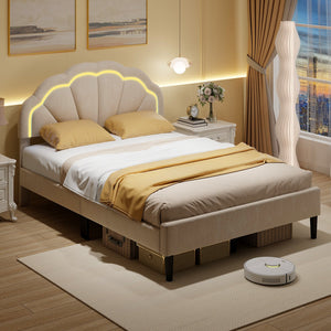 Upholstered LED Bed Frame with Adjustable Flower Headboard and Metal Support Feet-Full Size view 3
