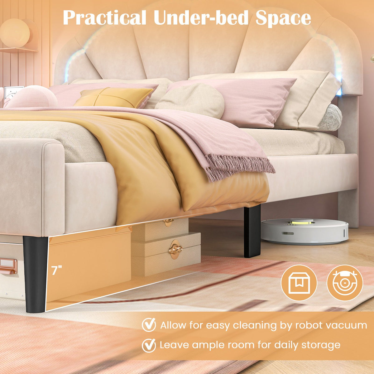 Upholstered LED Bed Frame with Adjustable Flower Headboard and Metal Support Feet-Full Size view 9