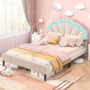 Upholstered LED Bed Frame with Adjustable Flower Headboard and Metal Support Feet-Queen Size view 2