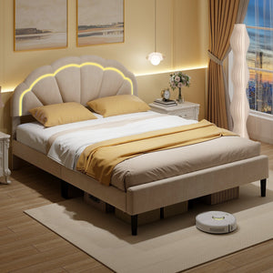 Upholstered LED Bed Frame with Adjustable Flower Headboard and Metal Support Feet-Queen Size view 3