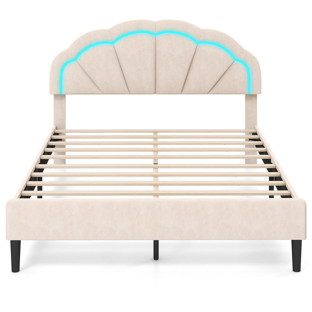 Upholstered LED Bed Frame with Adjustable Flower Headboard and Metal Support Feet-Queen Size view 4