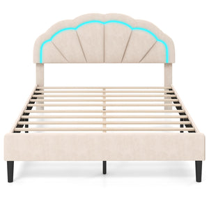 Upholstered LED Bed Frame with Adjustable Flower Headboard and Metal Support Feet-Queen Size view 4