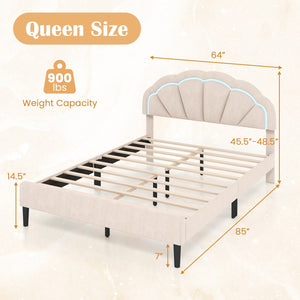 Upholstered LED Bed Frame with Adjustable Flower Headboard and Metal Support Feet-Queen Size view 5