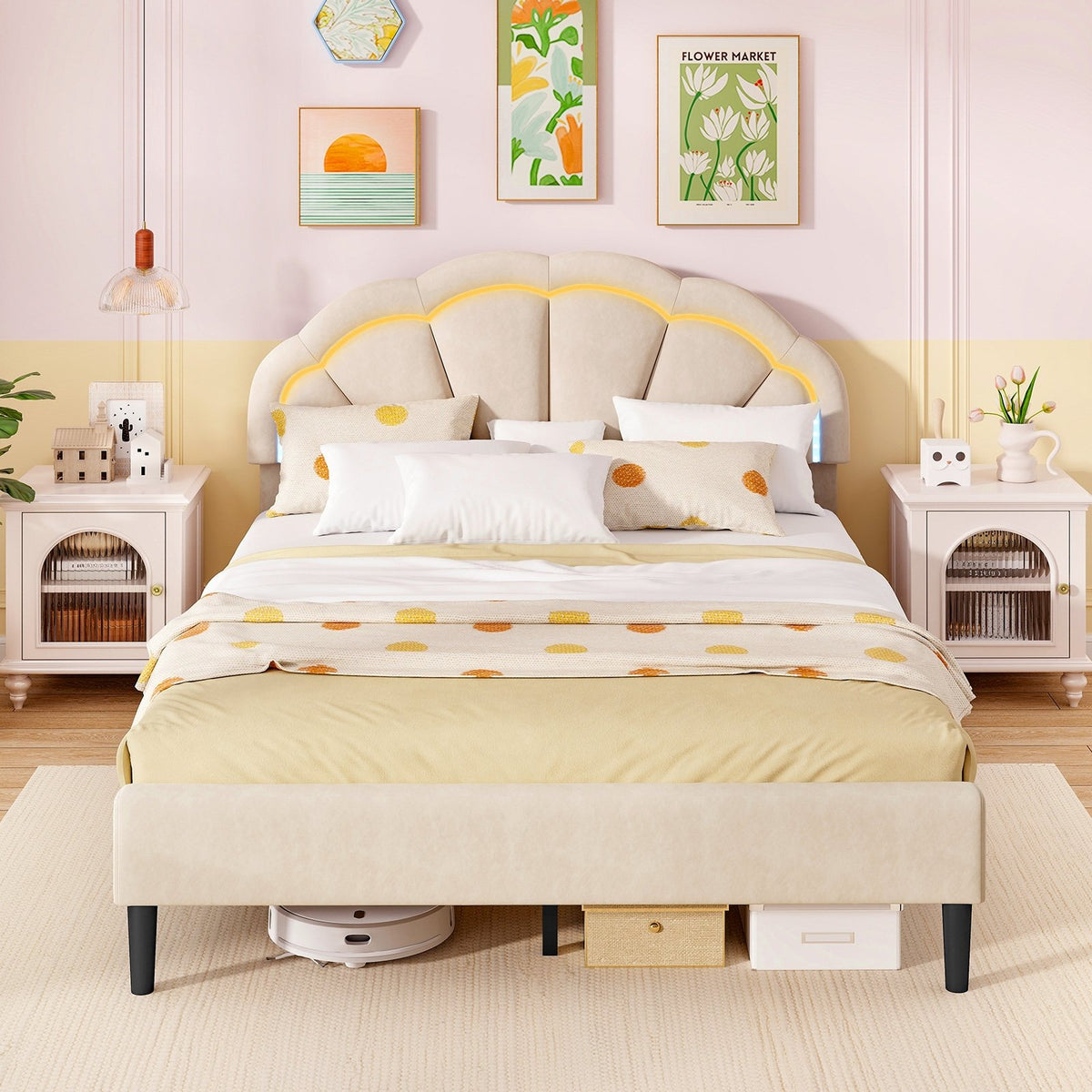 Upholstered LED Bed Frame with Adjustable Flower Headboard and Metal Support Feet-Queen Size view 6