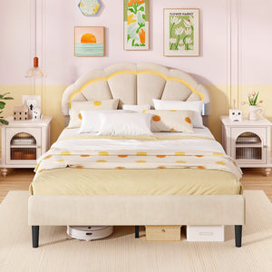 Upholstered LED Bed Frame with Adjustable Flower Headboard and Metal Support Feet-Queen Size view 6