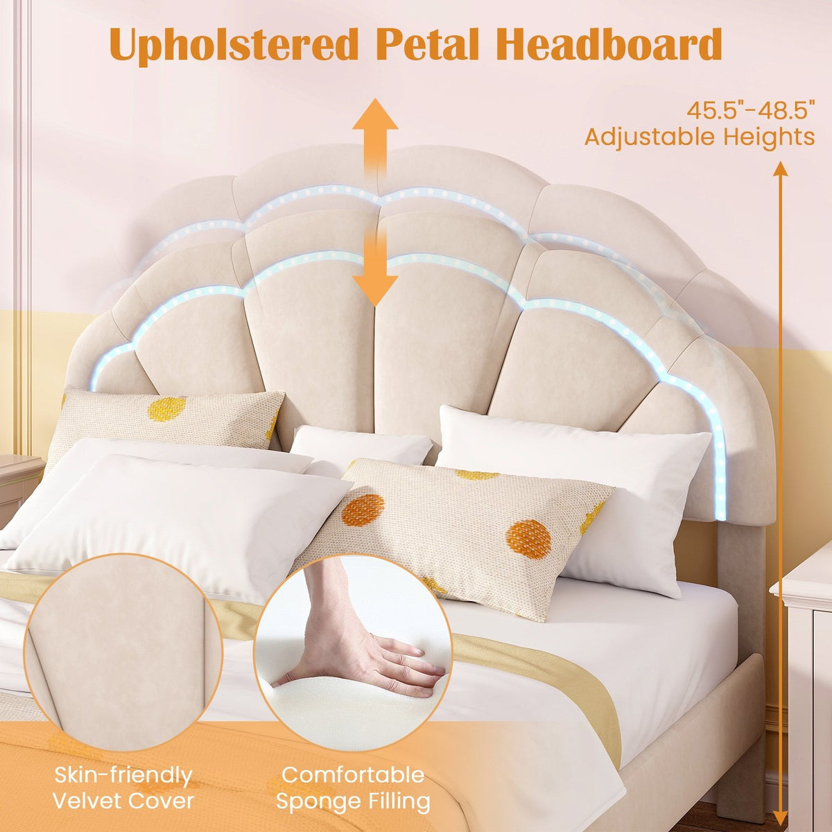Upholstered LED Bed Frame with Adjustable Flower Headboard and Metal Support Feet-Queen Size view 8
