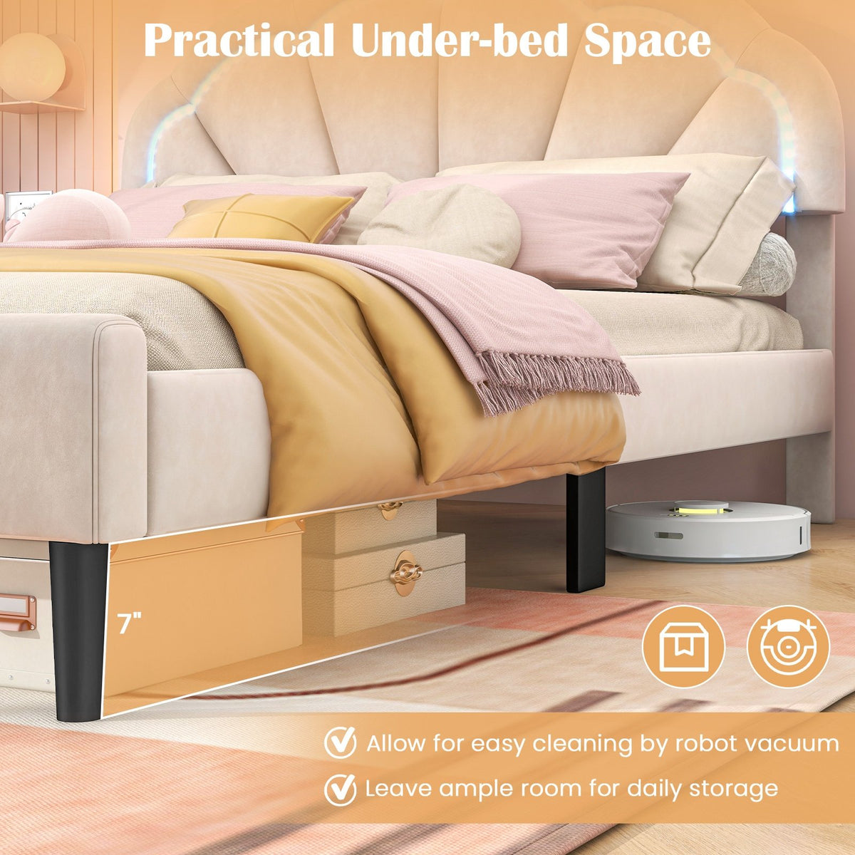 Upholstered LED Bed Frame with Adjustable Flower Headboard and Metal Support Feet-Queen Size view 9