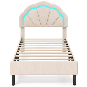 Upholstered LED Bed Frame with Adjustable Flower Headboard and Metal Support Feet-Twin Size view 4