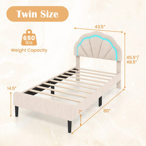 Upholstered LED Bed Frame with Adjustable Flower Headboard and Metal Support Feet-Twin Size view 5