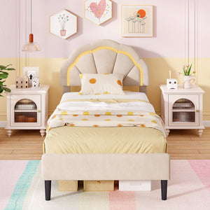 Upholstered LED Bed Frame with Adjustable Flower Headboard and Metal Support Feet-Twin Size view 6