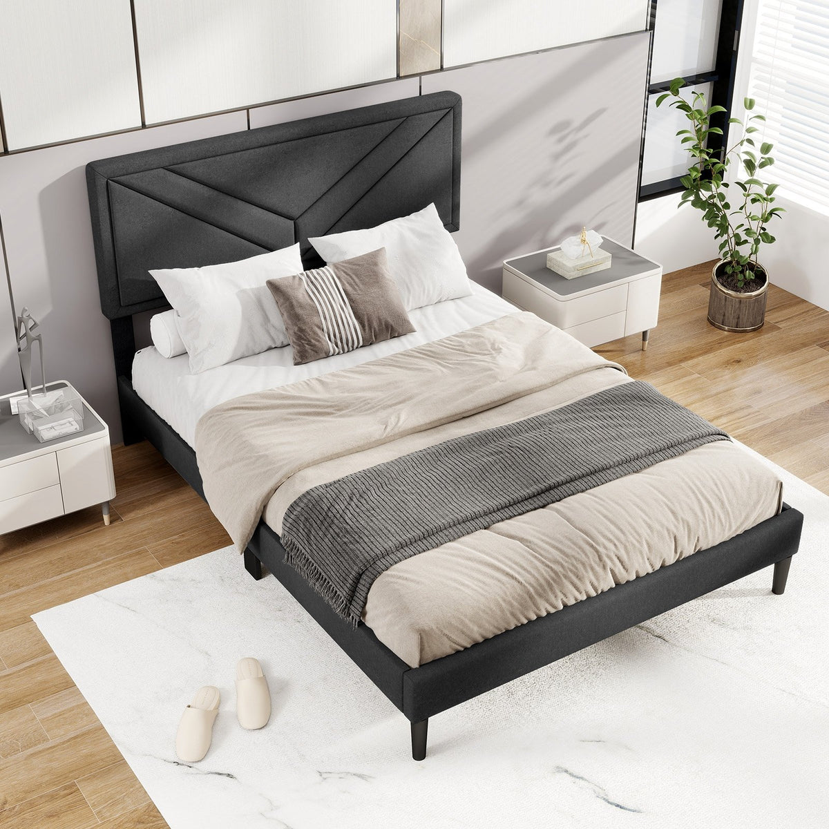 Upholstered Platform Bed with Tufted Headboard and Wooden Slats-Full Size view 2
