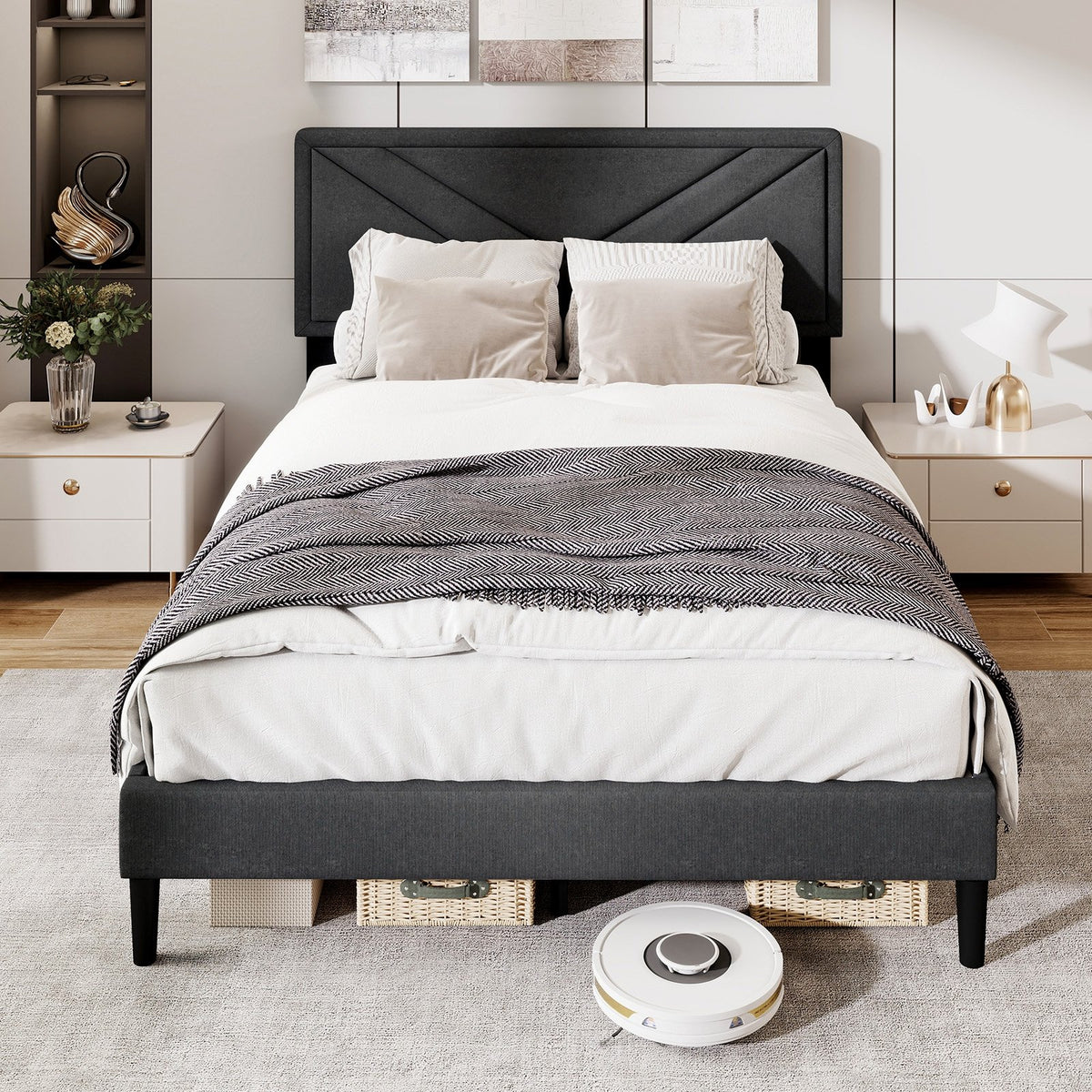 Upholstered Platform Bed with Tufted Headboard and Wooden Slats-Full Size view 5