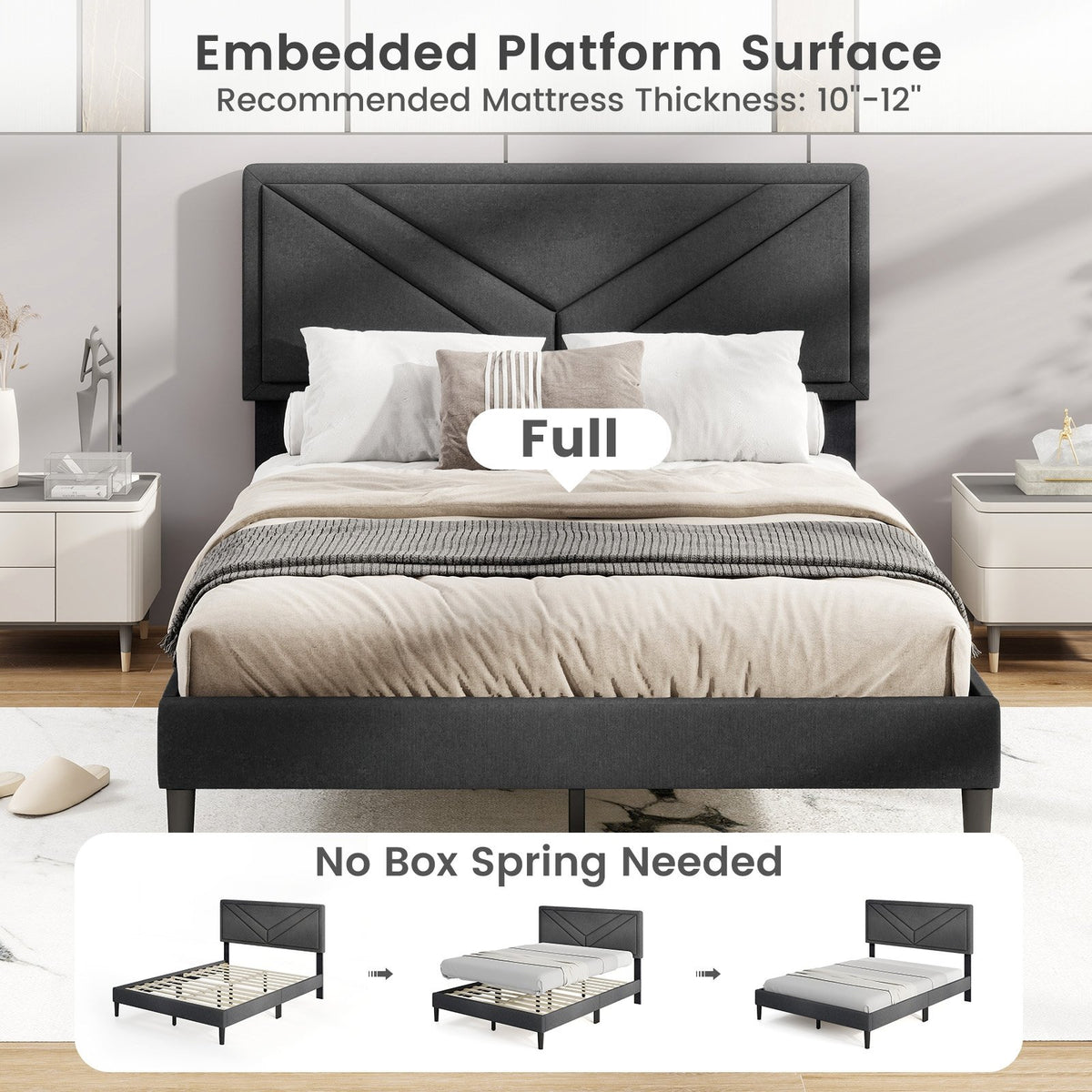Upholstered Platform Bed with Tufted Headboard and Wooden Slats-Full Size view 9