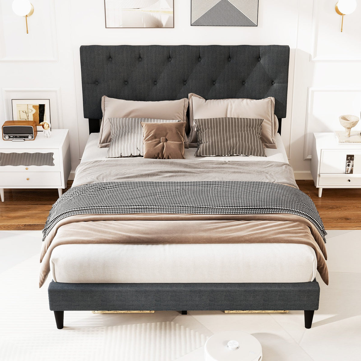 Upholstered Platform Bed with Tufted Headboard and Wooden Slats Gray-Full Size view 2