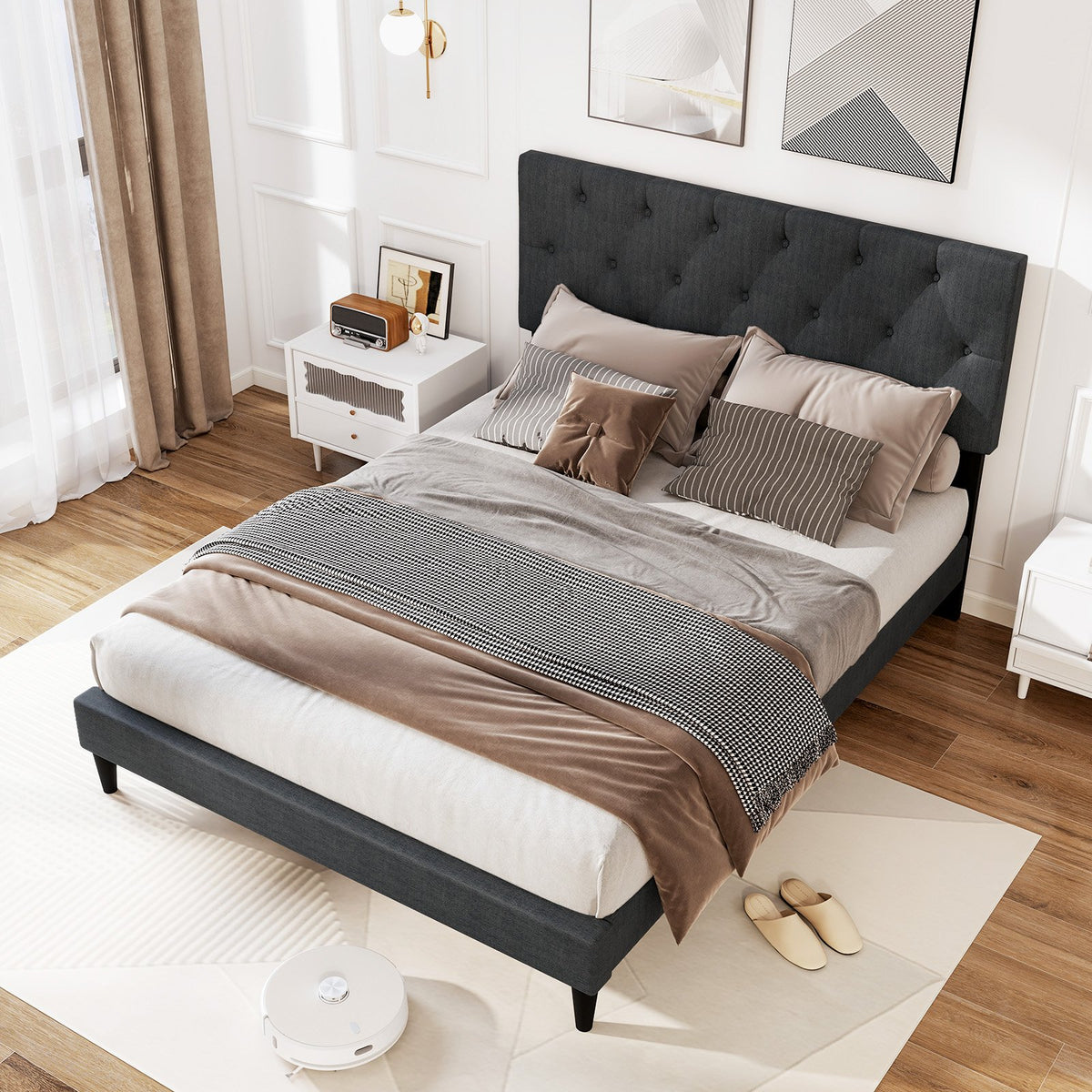Upholstered Platform Bed with Tufted Headboard and Wooden Slats Gray-Full Size view 3
