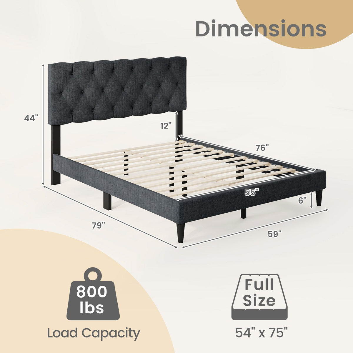 Upholstered Platform Bed with Tufted Headboard and Wooden Slats Gray-Full Size view 4