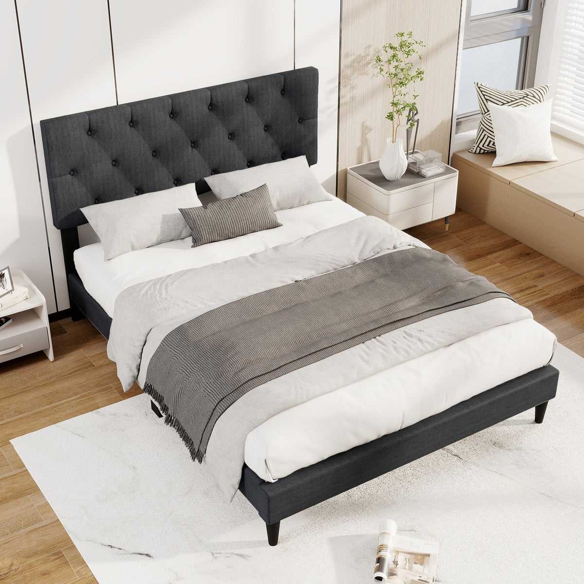 Upholstered Platform Bed with Tufted Headboard and Wooden Slats Gray-Full Size view 5