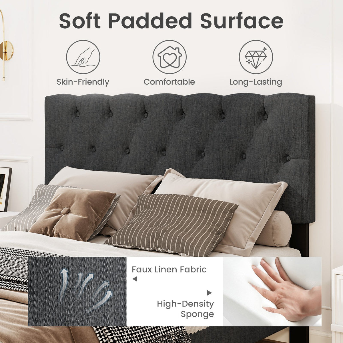 Upholstered Platform Bed with Tufted Headboard and Wooden Slats Gray-Full Size view 6