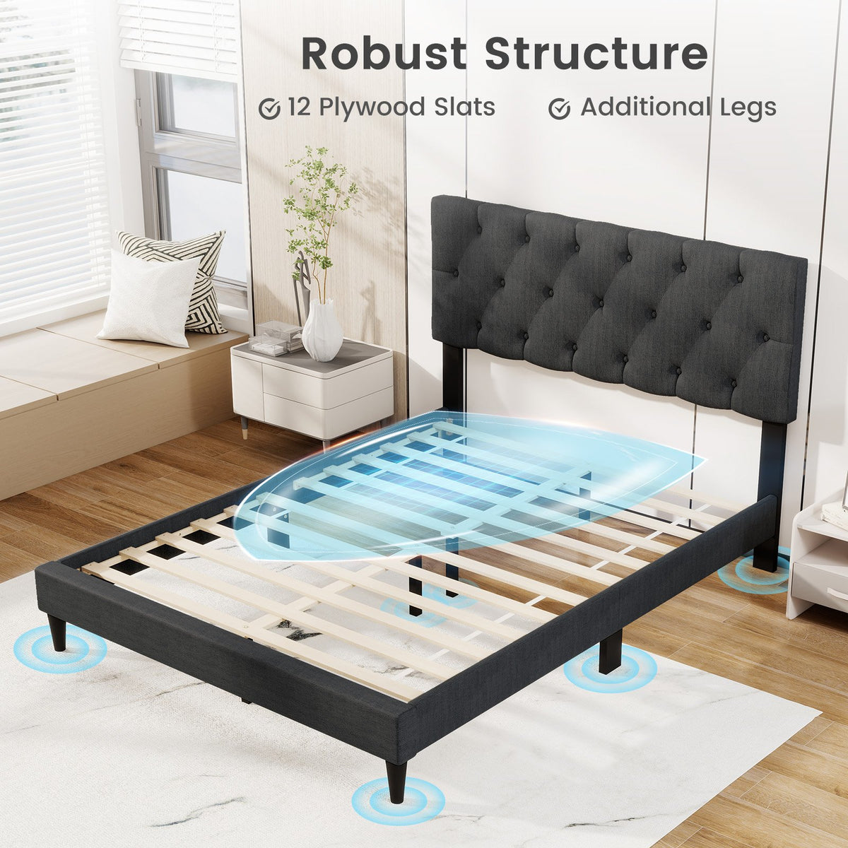 Upholstered Platform Bed with Tufted Headboard and Wooden Slats Gray-Full Size view 7