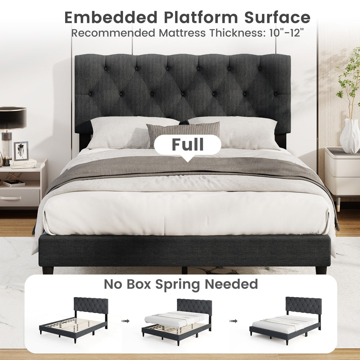 Upholstered Platform Bed with Tufted Headboard and Wooden Slats Gray-Full Size view 8
