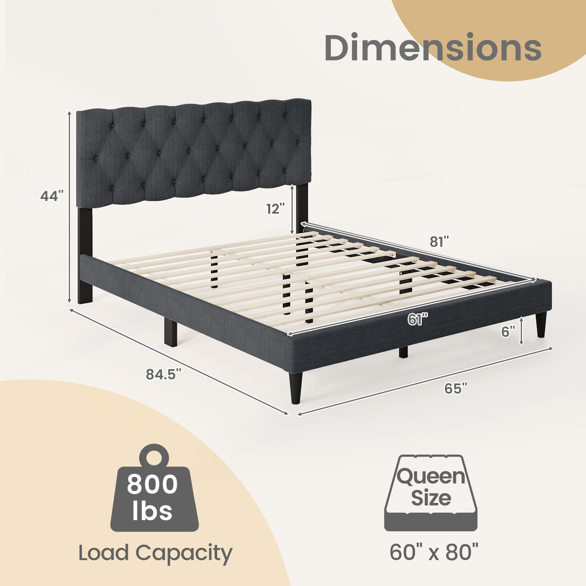 Upholstered Platform Bed with Tufted Headboard and Wooden Slats Gray-Queen Size view 4