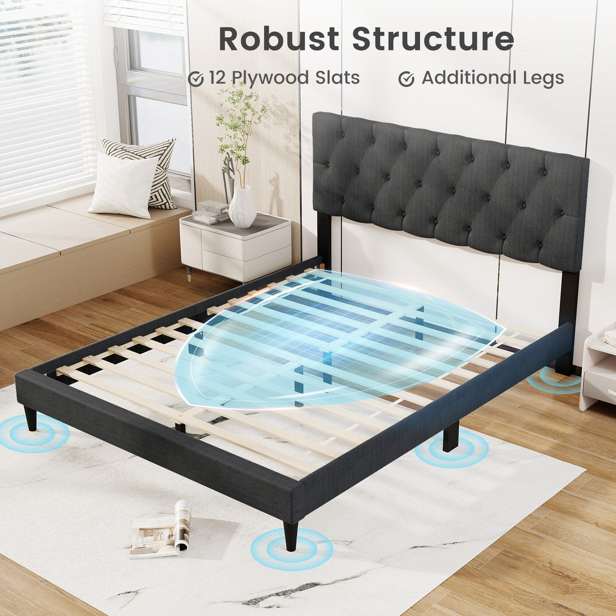 Upholstered Platform Bed with Tufted Headboard and Wooden Slats Gray-Queen Size view 7