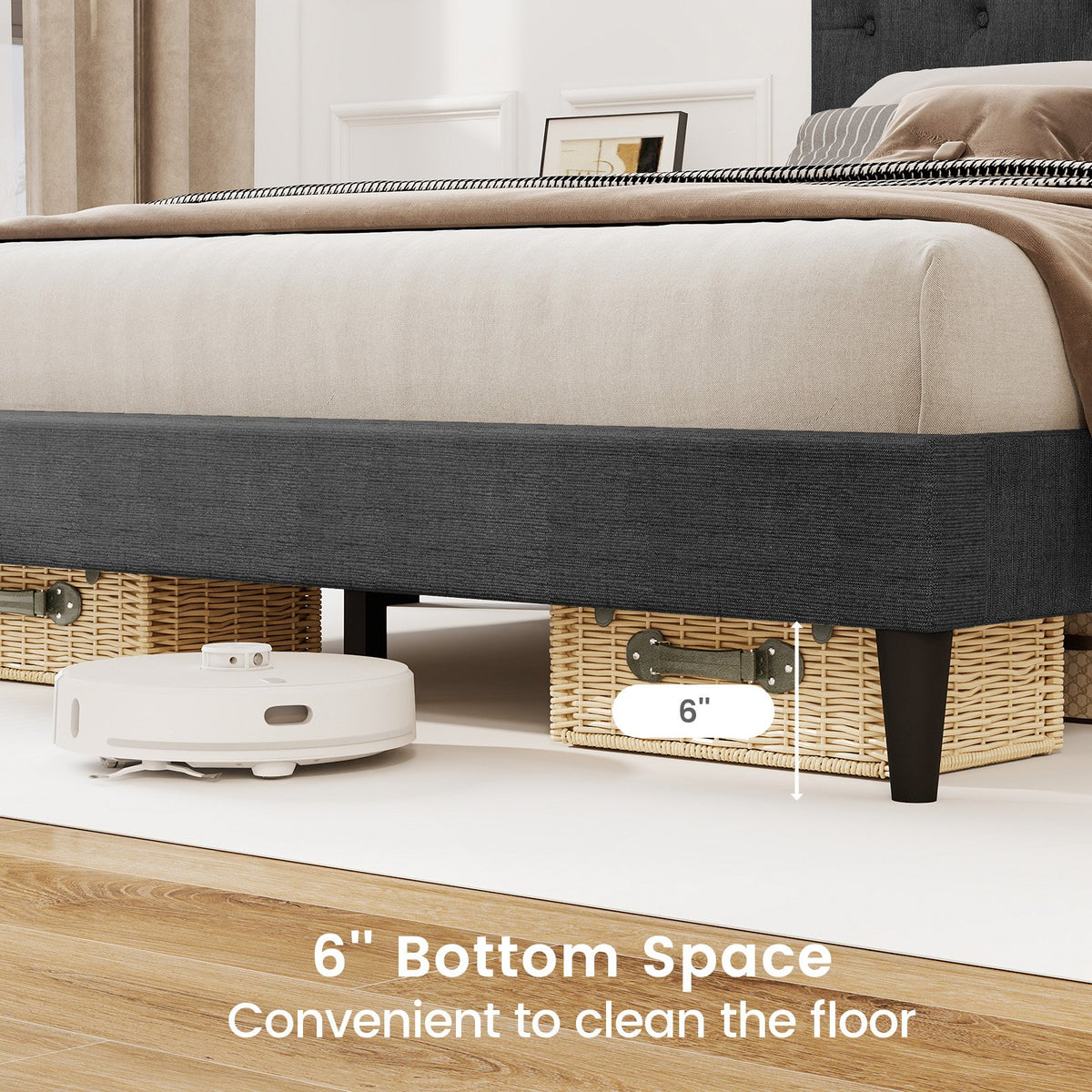 Upholstered Platform Bed with Tufted Headboard and Wooden Slats Gray-Queen Size view 9