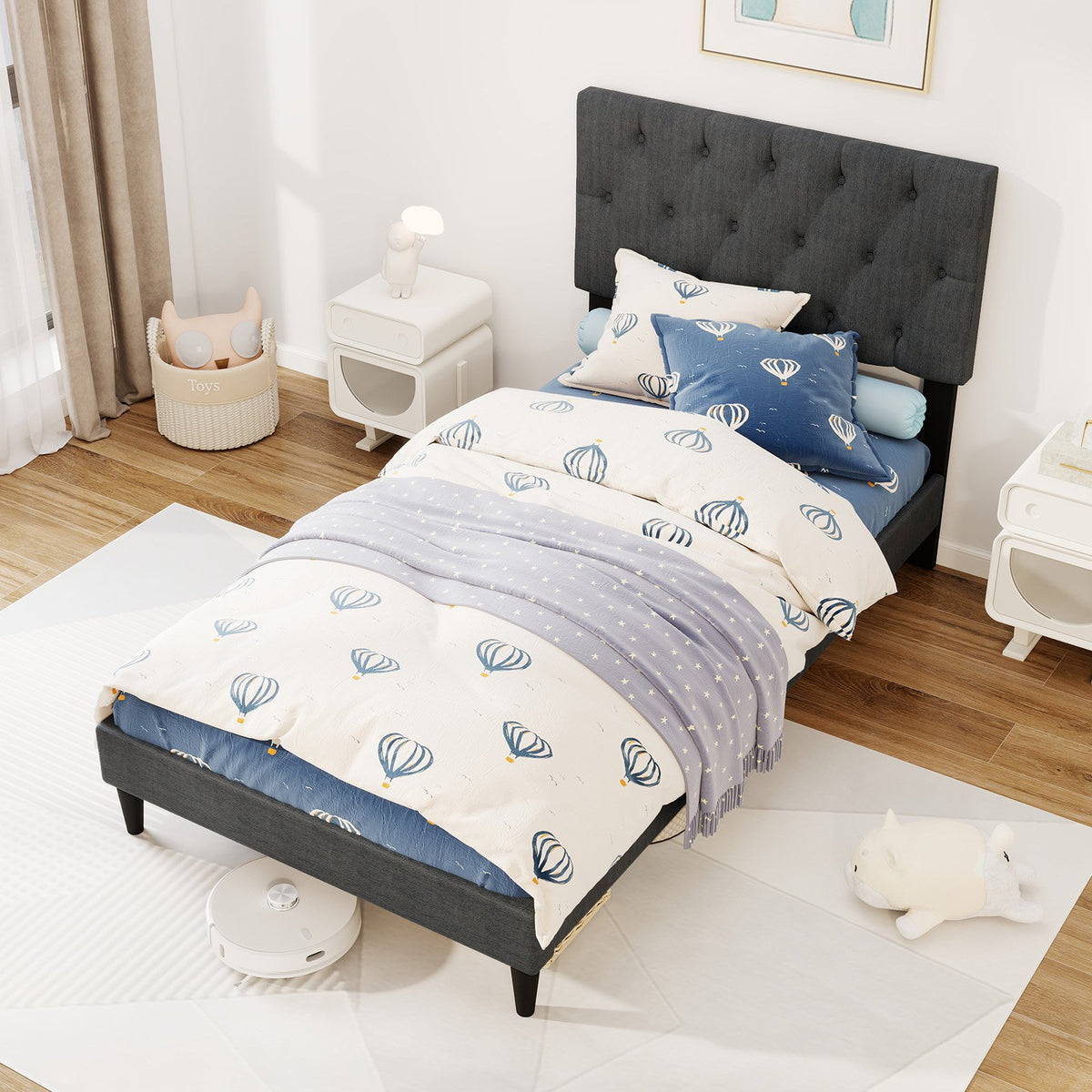 Upholstered Platform Bed with Tufted Headboard and Wooden Slats Gray-Twin Size view 2