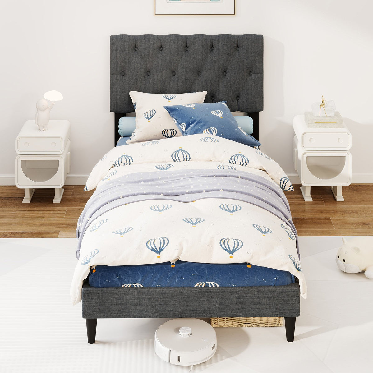 Upholstered Platform Bed with Tufted Headboard and Wooden Slats Gray-Twin Size view 3