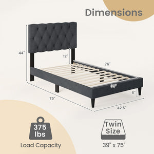 Upholstered Platform Bed with Tufted Headboard and Wooden Slats Gray-Twin Size view 4
