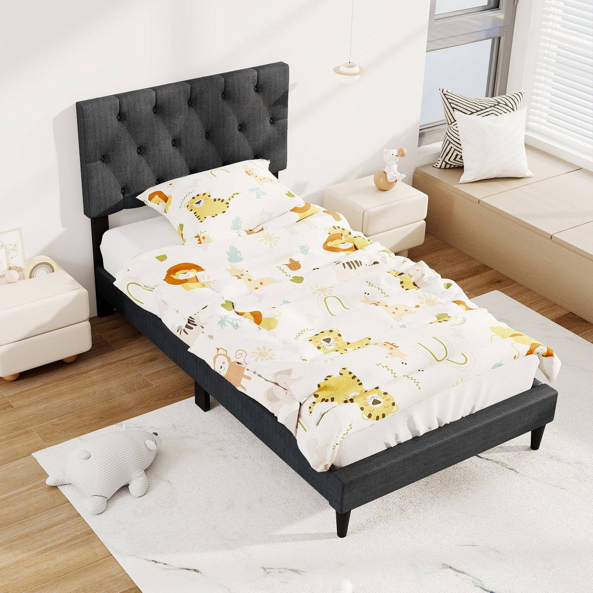 Upholstered Platform Bed with Tufted Headboard and Wooden Slats Gray-Twin Size view 5