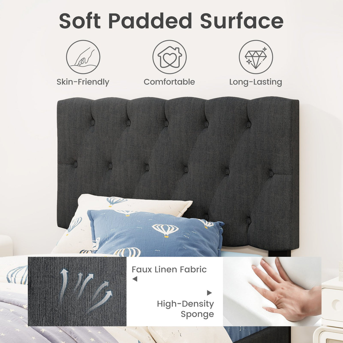 Upholstered Platform Bed with Tufted Headboard and Wooden Slats Gray-Twin Size view 6