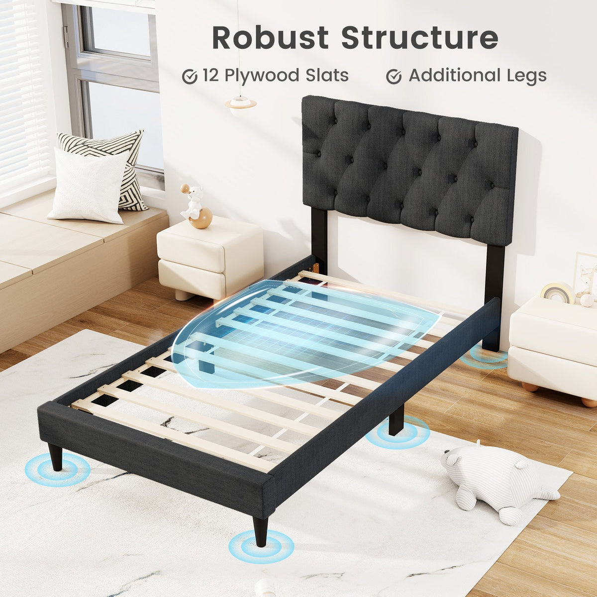 Upholstered Platform Bed with Tufted Headboard and Wooden Slats Gray-Twin Size view 7